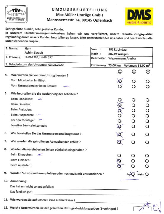 Weiterempfehlung der Max Müller Umzüge GmbH. 