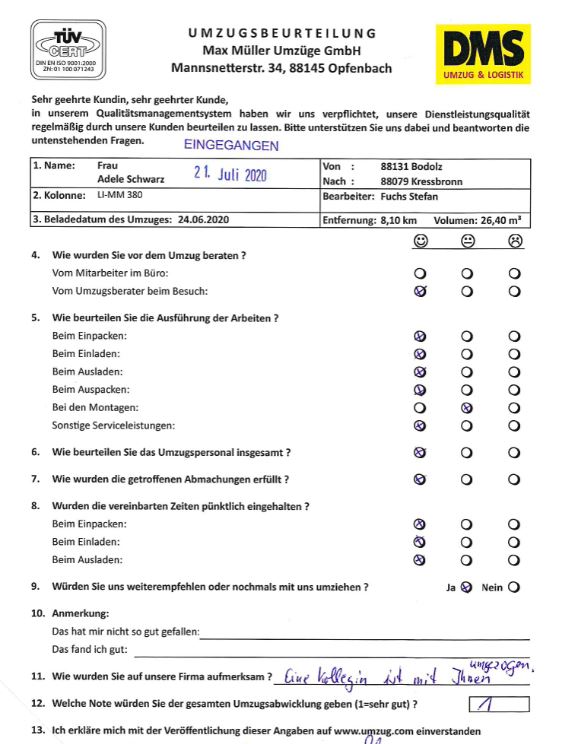 Note 1 für Umzug mit Max Müller. 