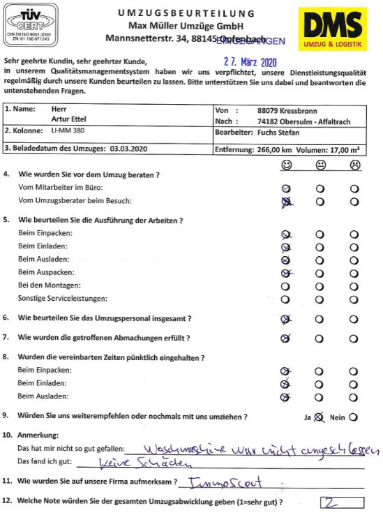 Umzug von Kressbronn nach Obersulm mit Max Müller Umzüge