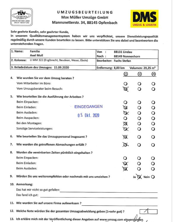 Note 1 für Umzug am Bodensee. 