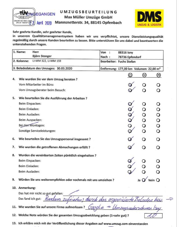 Rundum zufrieden mit Max Müller Umzüge 