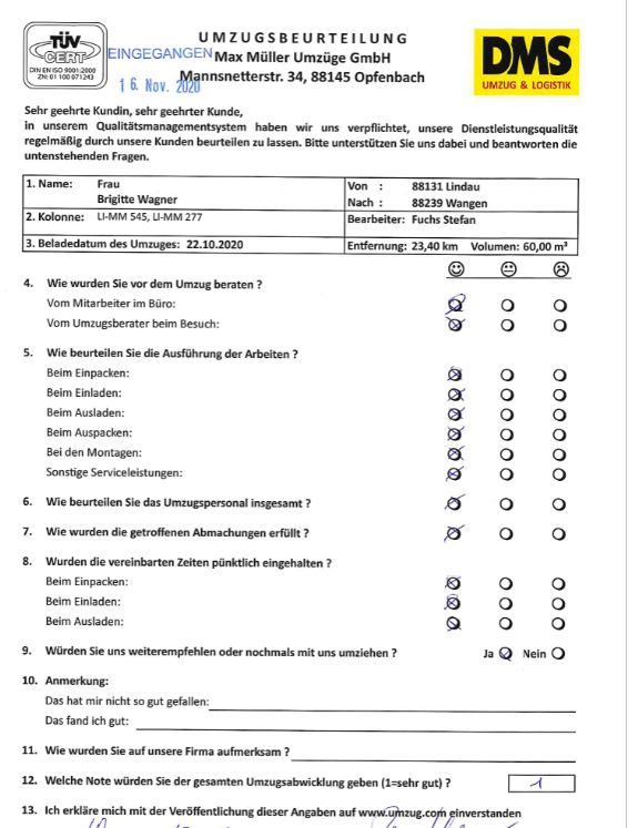 Bestbewertung für die Max Müller Umzüge GmbH. 