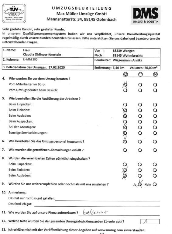Note 1 für Umzug im Allgäu mit Max Müller
