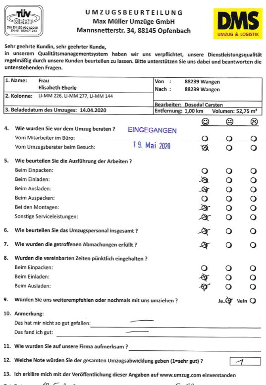 Note 1 für Umzug mit Max Müller