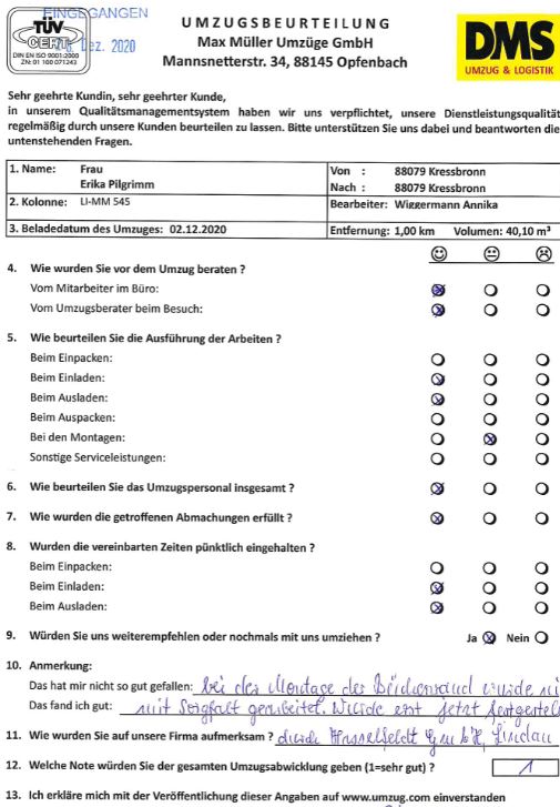 Note 1 für Umzug am Bodensee mit Max Müller Umzüge GmbH. 