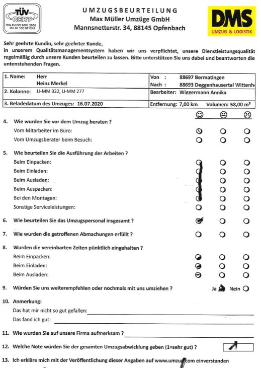 Weiterempfehlung der Max Müller Umzüge GmbH