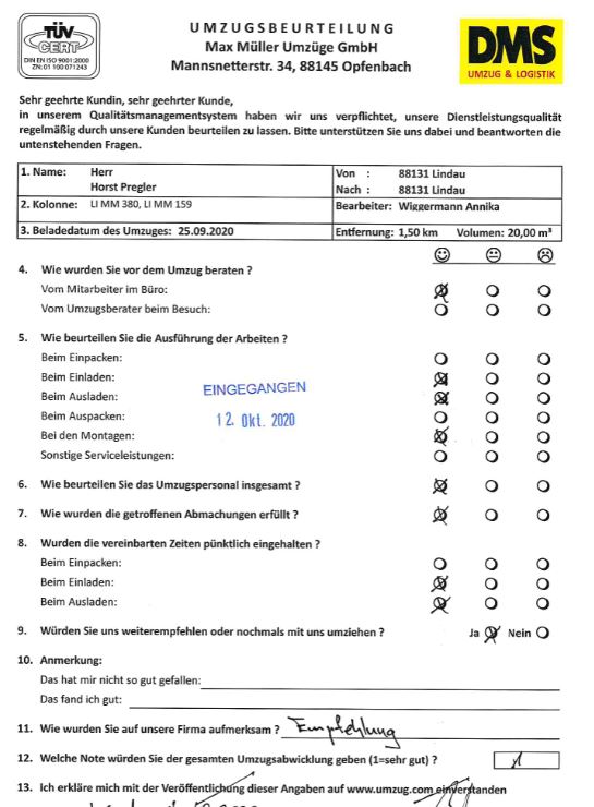 Note 1 für Umzug mit Max Müller. 