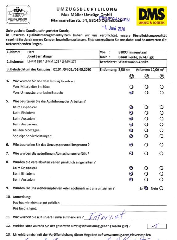 Note 1 für Umzug mit Max Müller