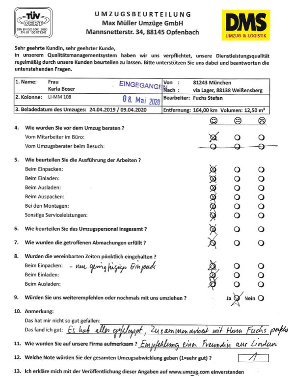 Weiterempfehlung der Max Müller Umzüge