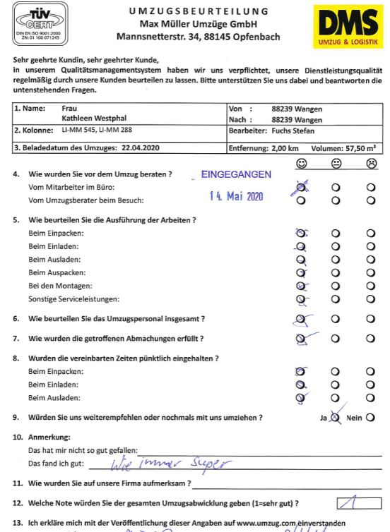 Note 1 für Umzug mit Max Müller