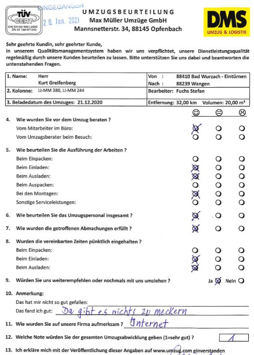 Note 1 für Umzug mit Max Müller Umzüge GmbH. 