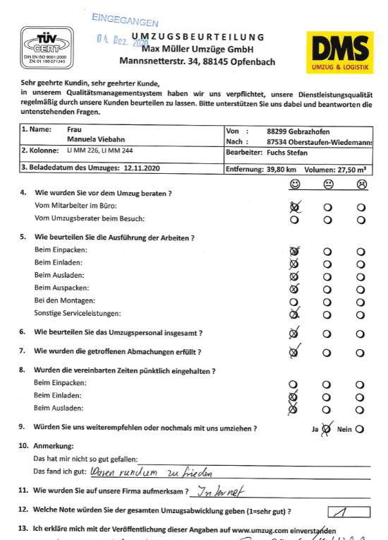 Rundum zufrieden mit Max Müller Umzüge GmbH. 