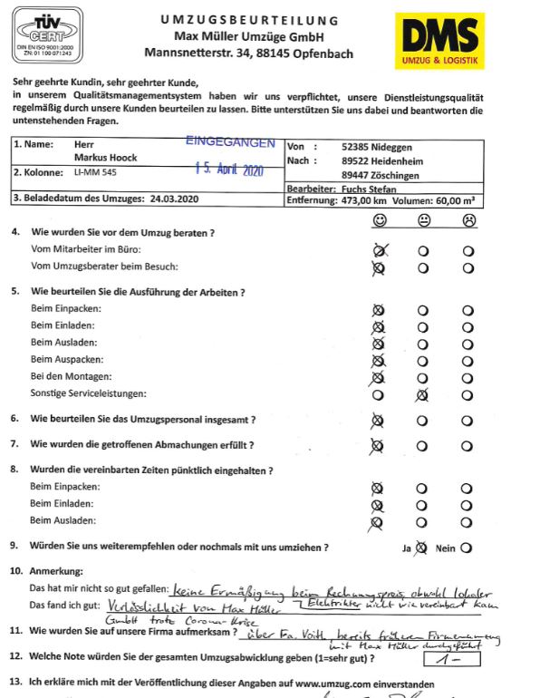 Verlässlichkeit von Max Müller Umzüge
