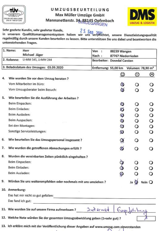 Note 1 für Umzug mit Max Müller. 