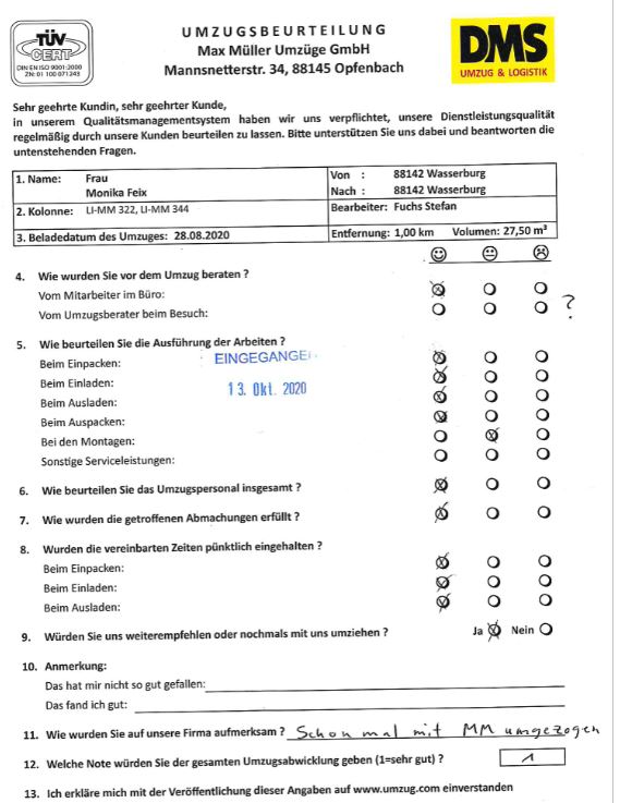 Weiterempfehlung der Max Müller Umzüge. 