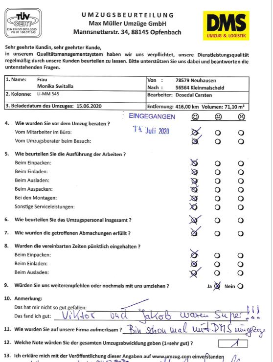 Note 1 für Umzug mit Max Müller