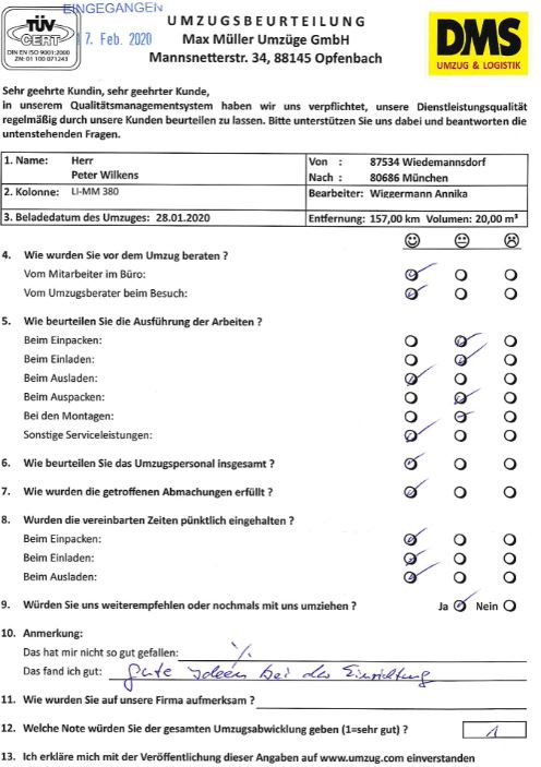 Sehr gute Umzugsbeurteilung für Max Müller. 
