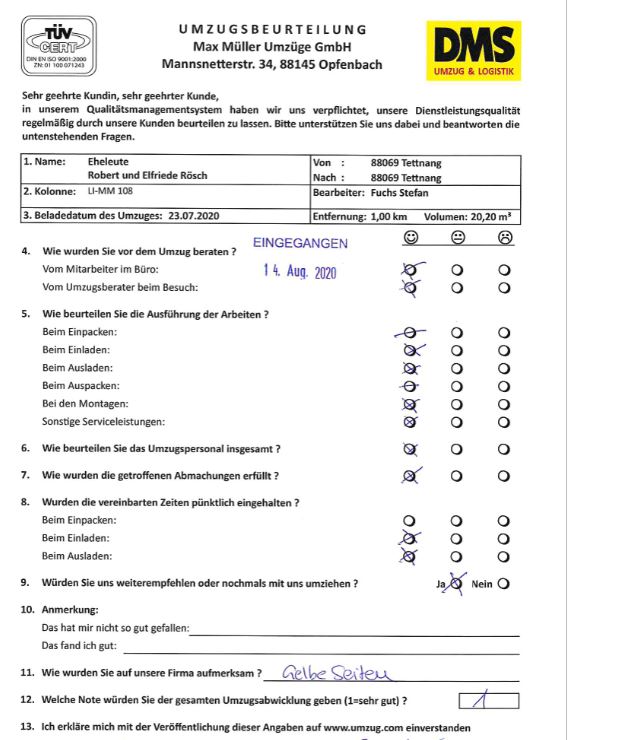 Weiterempfehlung Max Müller Umzüge GmbH. 