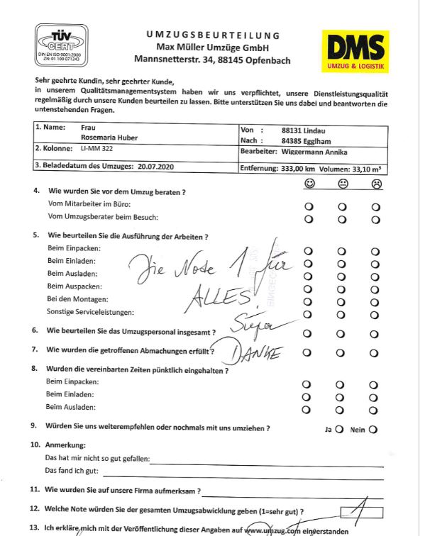 Note 1 für Umzug mit Max Müller Umzüge. 