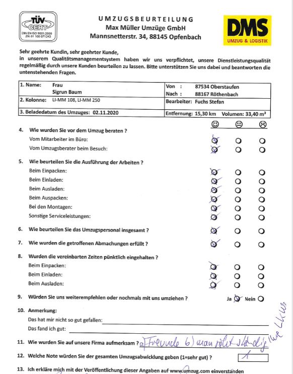Note 1 für Umzug mit Max Müller Umzüge GmbH. 