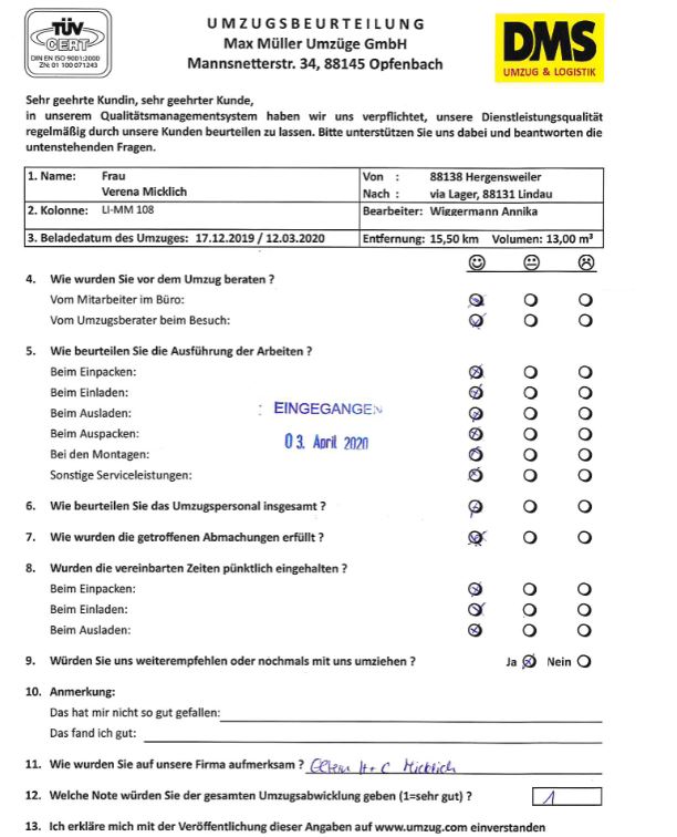 Bestbewertung für Max Müller Umzüge 