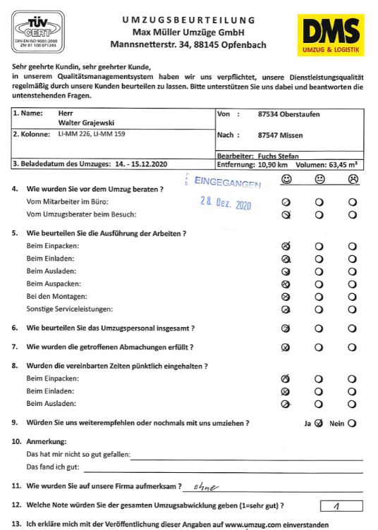 Note 1 für Umzug mit Max Müller. 